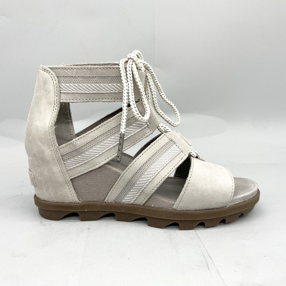 Sorel Joanie II Lace Sandals Womens 8.5 Dove Grey Leather Wedge Gladiator Boho